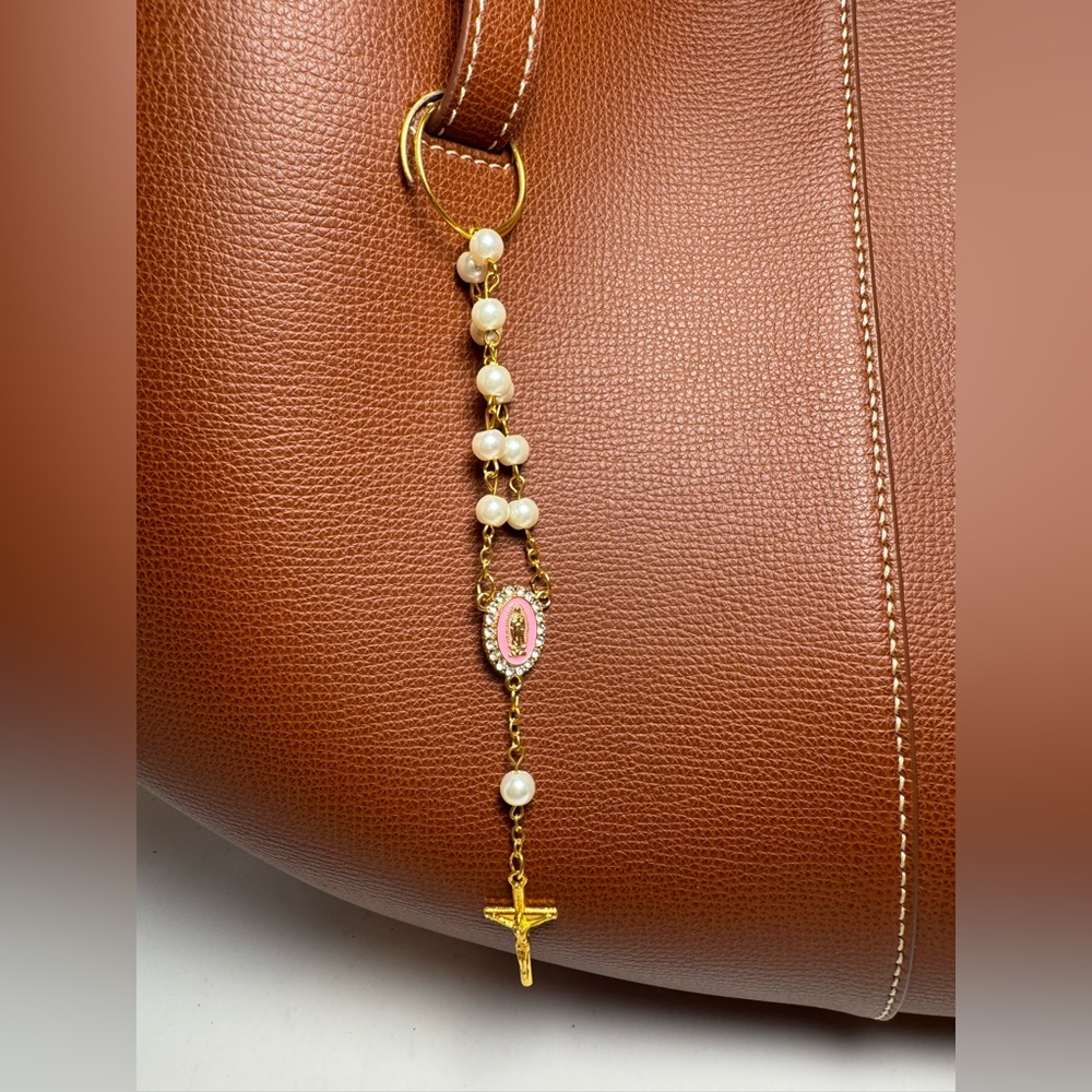 Pink & Gold Rosary Bag Charm/Keychain | Pearls, Crucifix & Lady Guadalupe Accent - Picture 4 of 12